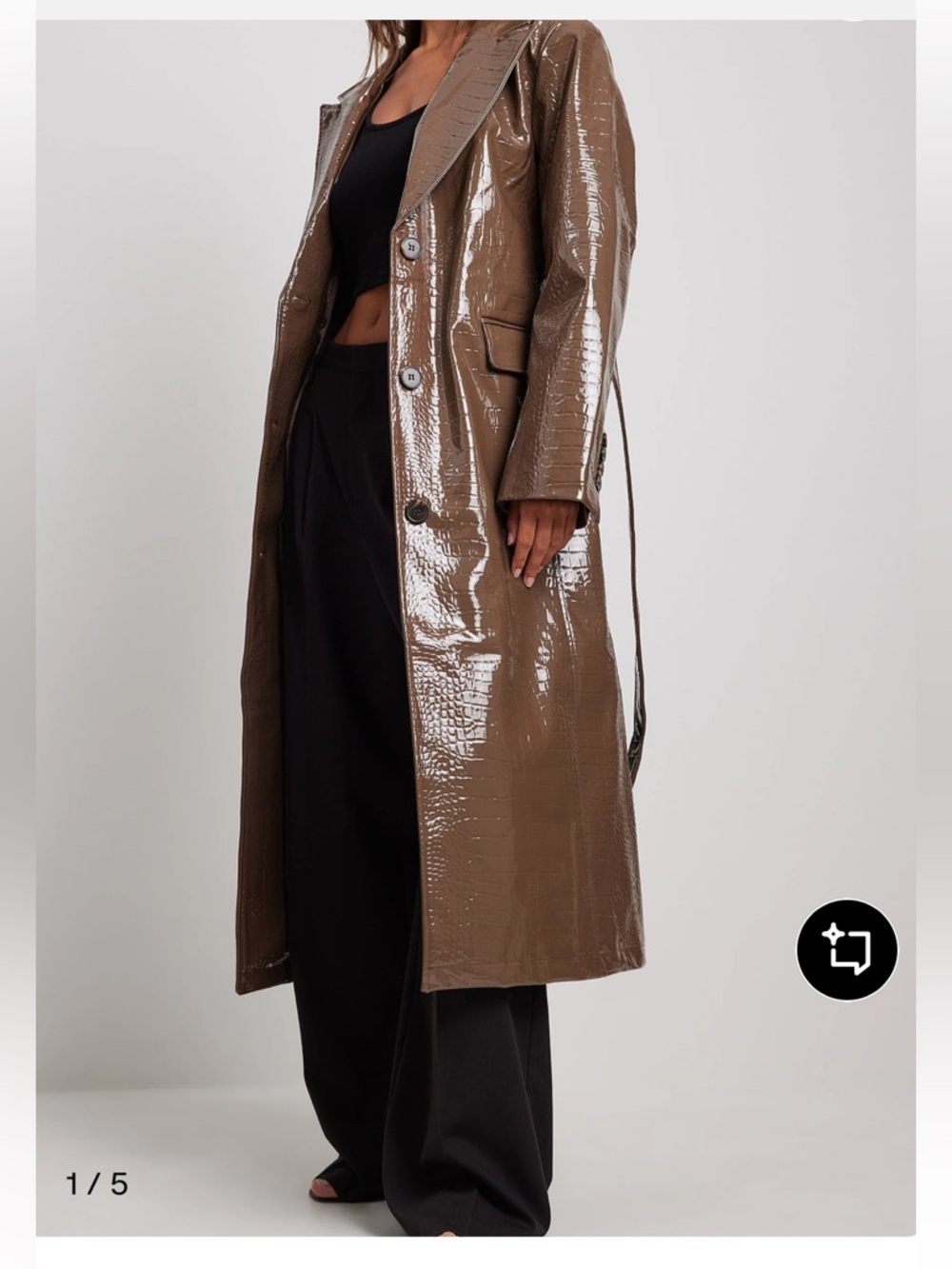 NA-KD Brown Croc-Embossed Patent Long Coat - Women